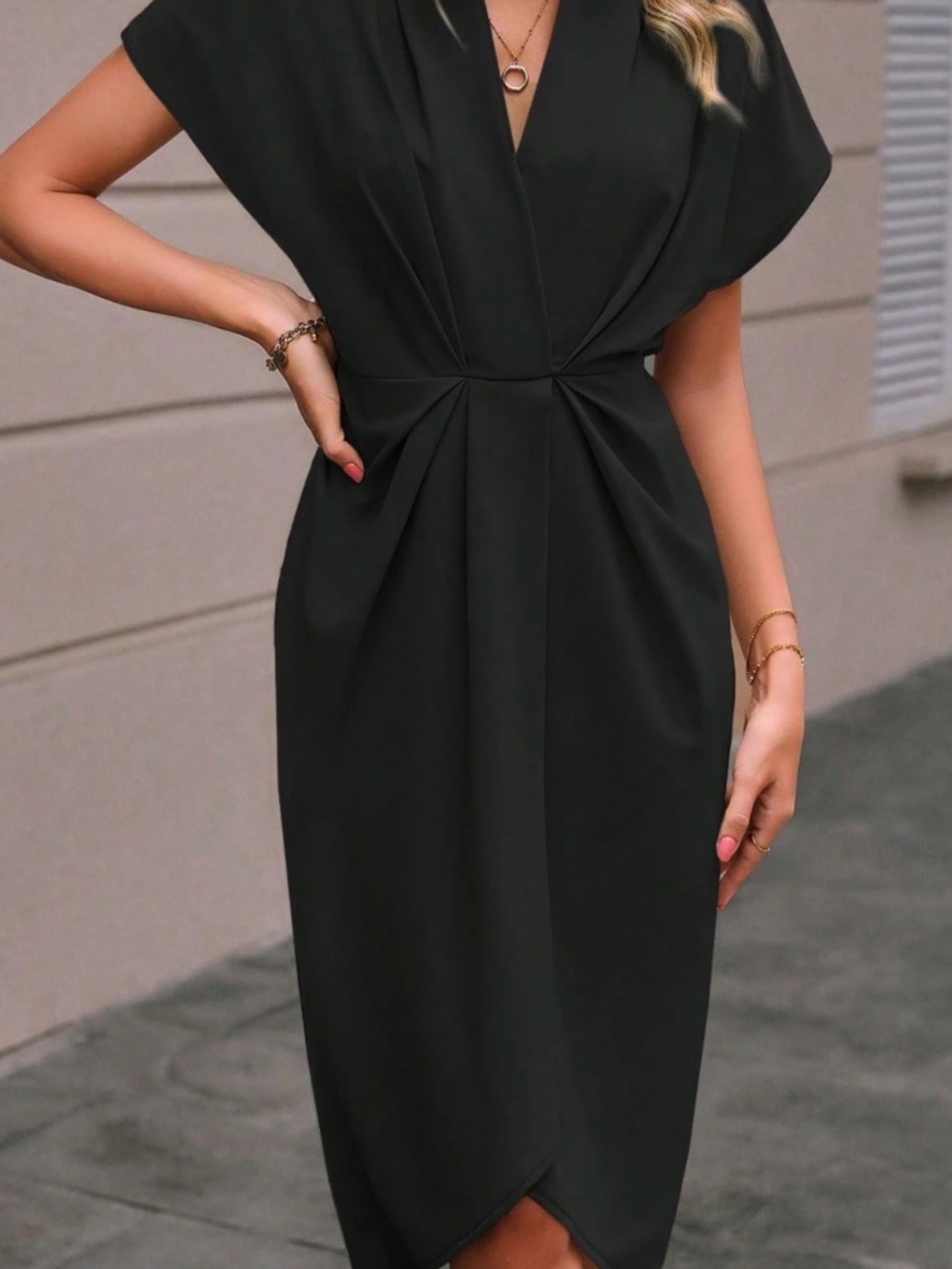 Classic Black V neck Batwing Sleeve High Waisted Dress - Picture 4 of 6